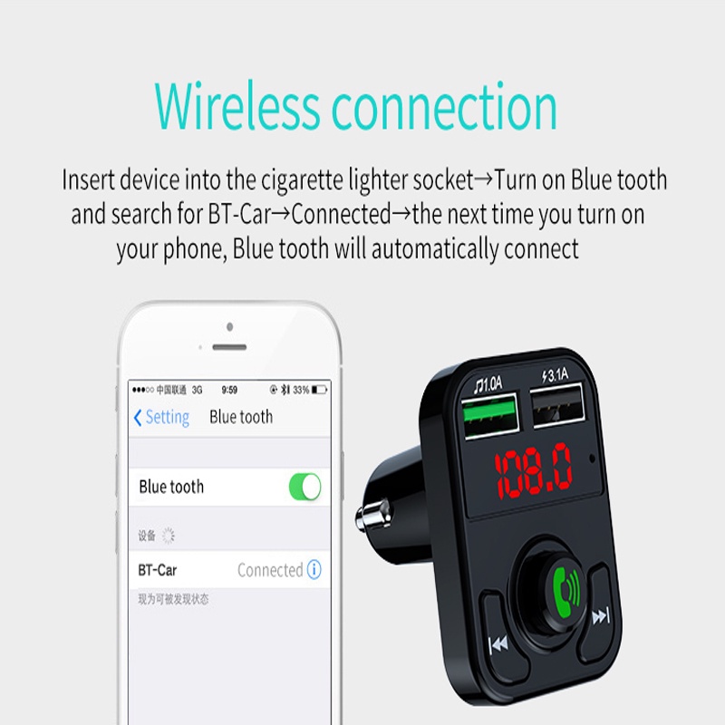 Tẩu Sạc Hai Cổng Usb Bluetooth Fm Aux Nghe Nhạc Mp3 Cho Xe Hơi