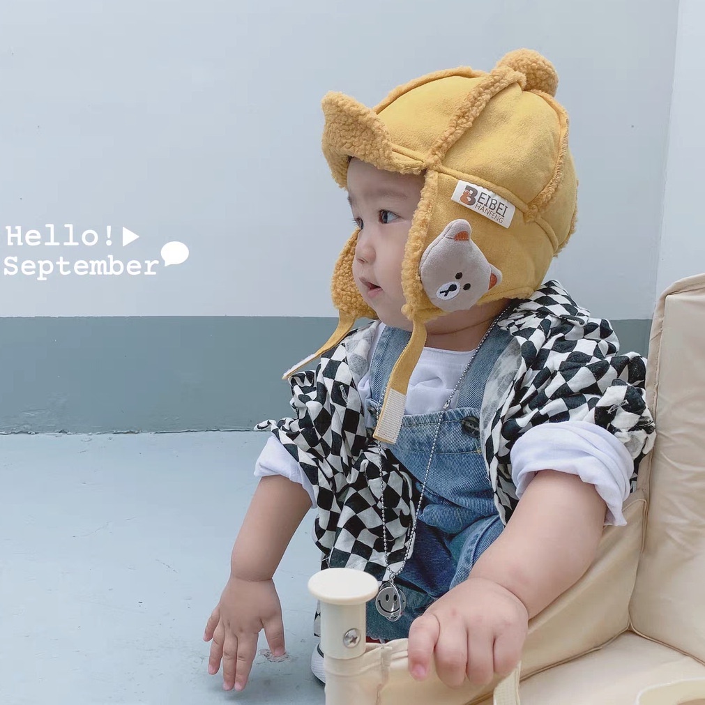 Mũ thu đông có vành bảo vệ tai cho bé 2 đến 6 tuổi họa tiết gấu xinh xắn- chất liệu da lộn A240