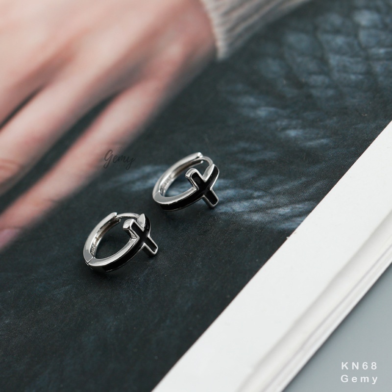 Khuyên bông tai bạc thật nam nữ hình chữ thập màu đen (1 chiếc) | HARMONY ACCESSORIES KN68