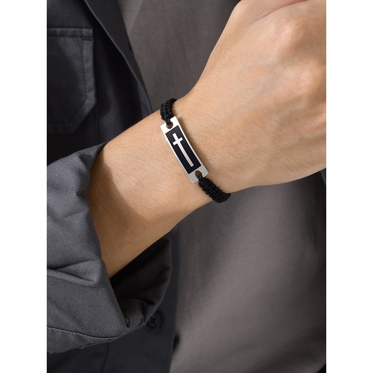 Vòng Tay Dây Bện Nylon Phối Mặt Thánh Giá Bằng Thép Không Gỉ Có Thể Điều Chỉnh Dành Cho Nam