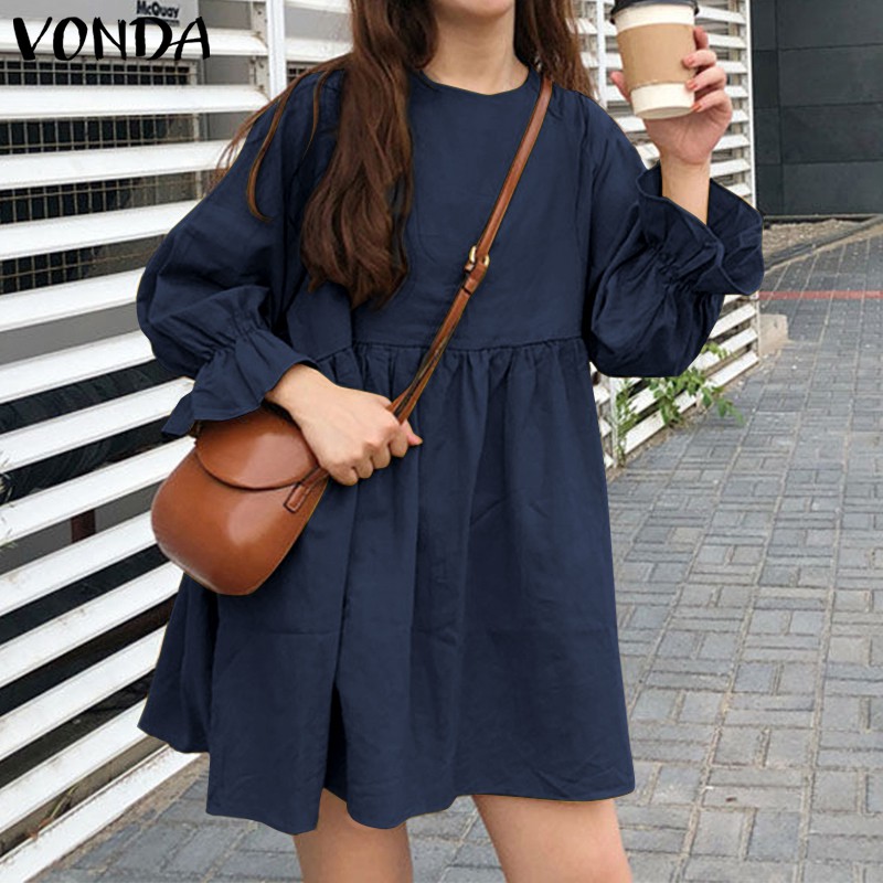 Đầm ngắn VONDA tay dài xếp nếp 1 màu thời trang ngày nghỉ cho nữ | BigBuy360 - bigbuy360.vn