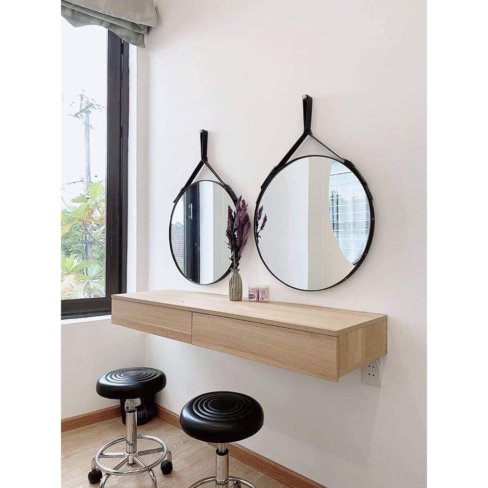 Gương tròn khung gỗ treo tường, gương dây da cao cấp tích hợp đèn LED có nút cảm ứng thông minh hợp thời trang