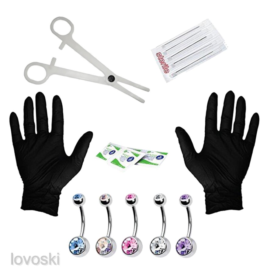 Bộ 15 Kim Xỏ Khuyên Rốn / Găng Tay / Rốn Đính Đá CZ 14G