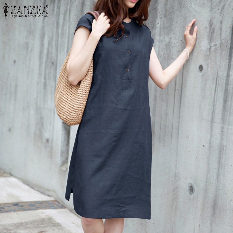 Đầm cotton Zanzea tay ngắn phong cách Hàn Quốc thời trang cho nữ