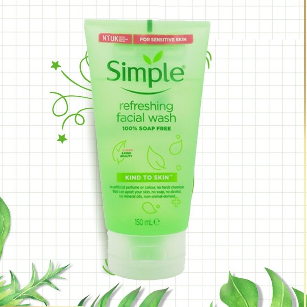 Sữa Rửa Mặt Simple Gel Kind To Skin Refreshing Facial Wash Gel 150ml Không Soap Hương Liệu, Ít Bọt Dành Cho Mọi  Loại Da