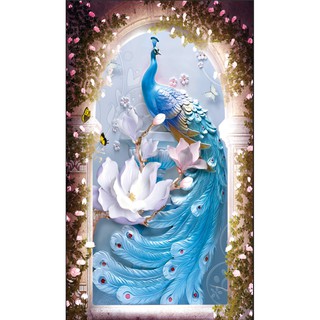 Tranh dán tường 3D chim công khổ dọc - tranh khổ đứng - VẢI LỤA  phủ kim sa (kích thước theo yêu cầu)
