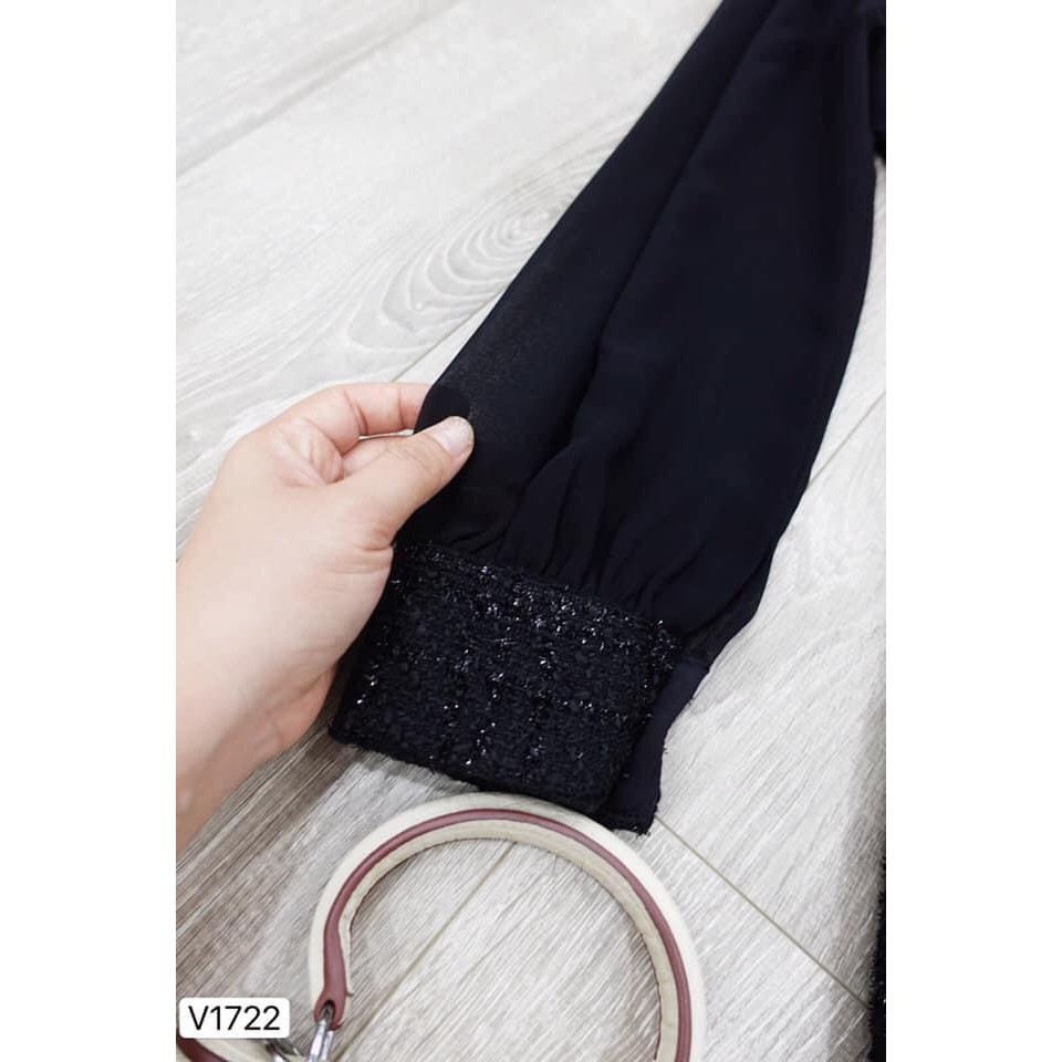 Đầm nữ [Đẹp DVC]  Váy đen xòe chất dạ áo lưới tay dài cổ tròn V1722