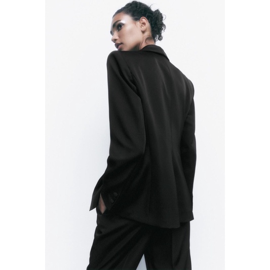 Order set blazer xuất dư ZARA của nữ Áo khoác blazer Tuxedo vải rũ bóng và quần vải rũ bóng có đai lưng cài khuy