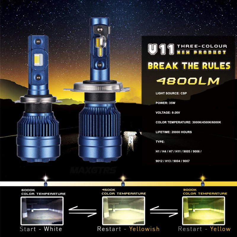 Bộ 2 đèn pha LED MAXGTRS với 3 màu sắc sáng ấm/trắng/vàng H7 H8 / H9 / H11 9005 HB3 9006 HB4 9012 6000K 3000K 4300K ​