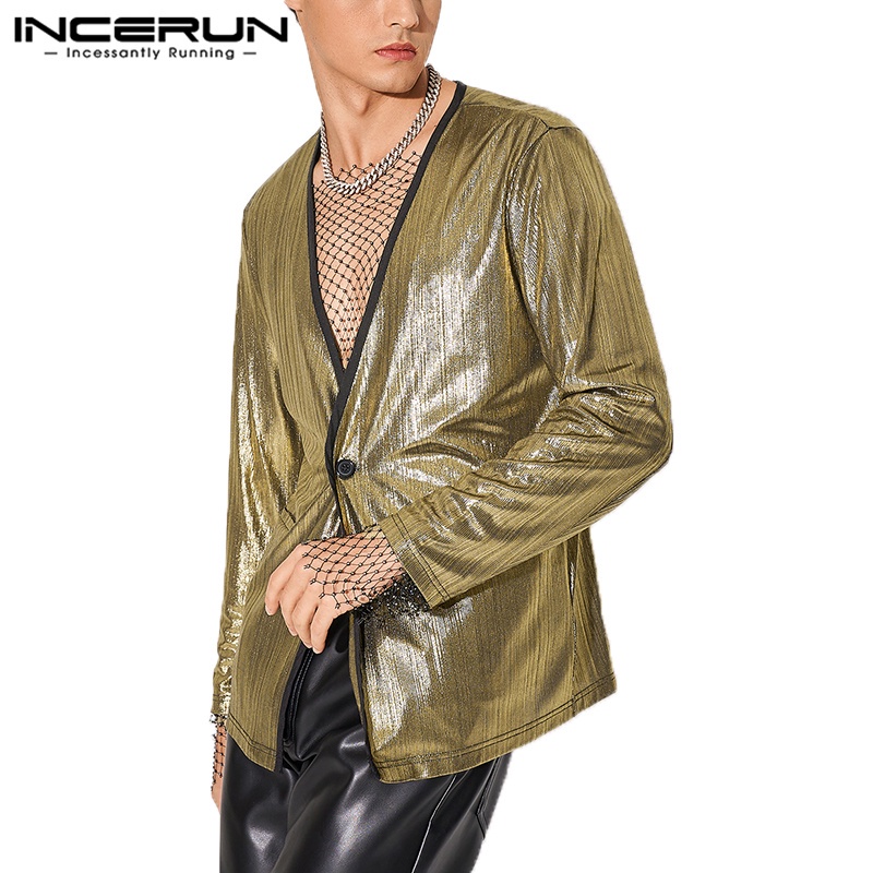 Áo khoác INCERUN nam tay dài cổ chữ V màu ánh kim lấp lánh gợi cảm