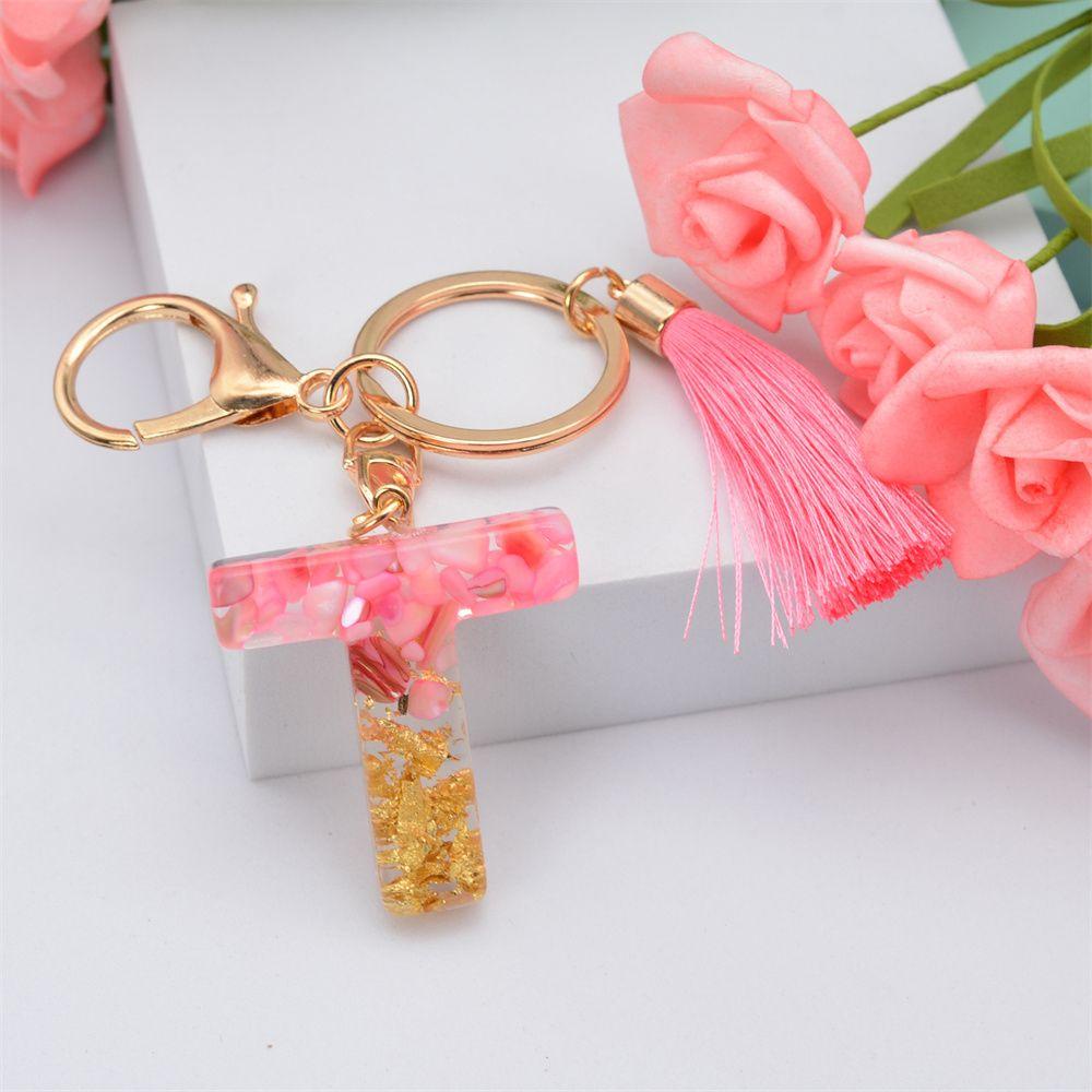 Móc Khóa Hình 26 Chữ Cái Màu Hồng Gradient Phối Tua Rua Dễ Thương Hiệu REBUY1|Móc Khóa Hình Bảng Chữ Cái Dễ Thương