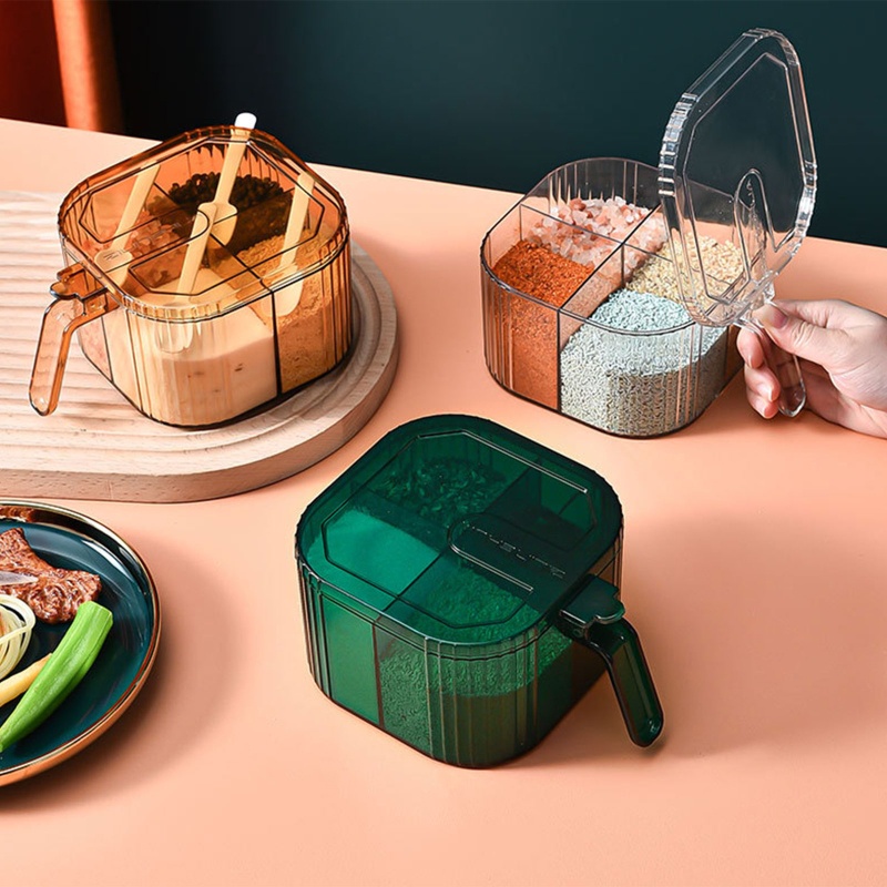 Hộp Đựng Gia Vị 4 Ngăn Bằng Nhựa Trong Suốt Có Nắp Và Muỗng Cho Nhà Bếp