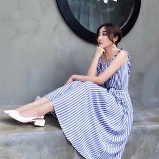 Đầm suông, váy midi sọc xanh dây bèo (kèm hình thật)