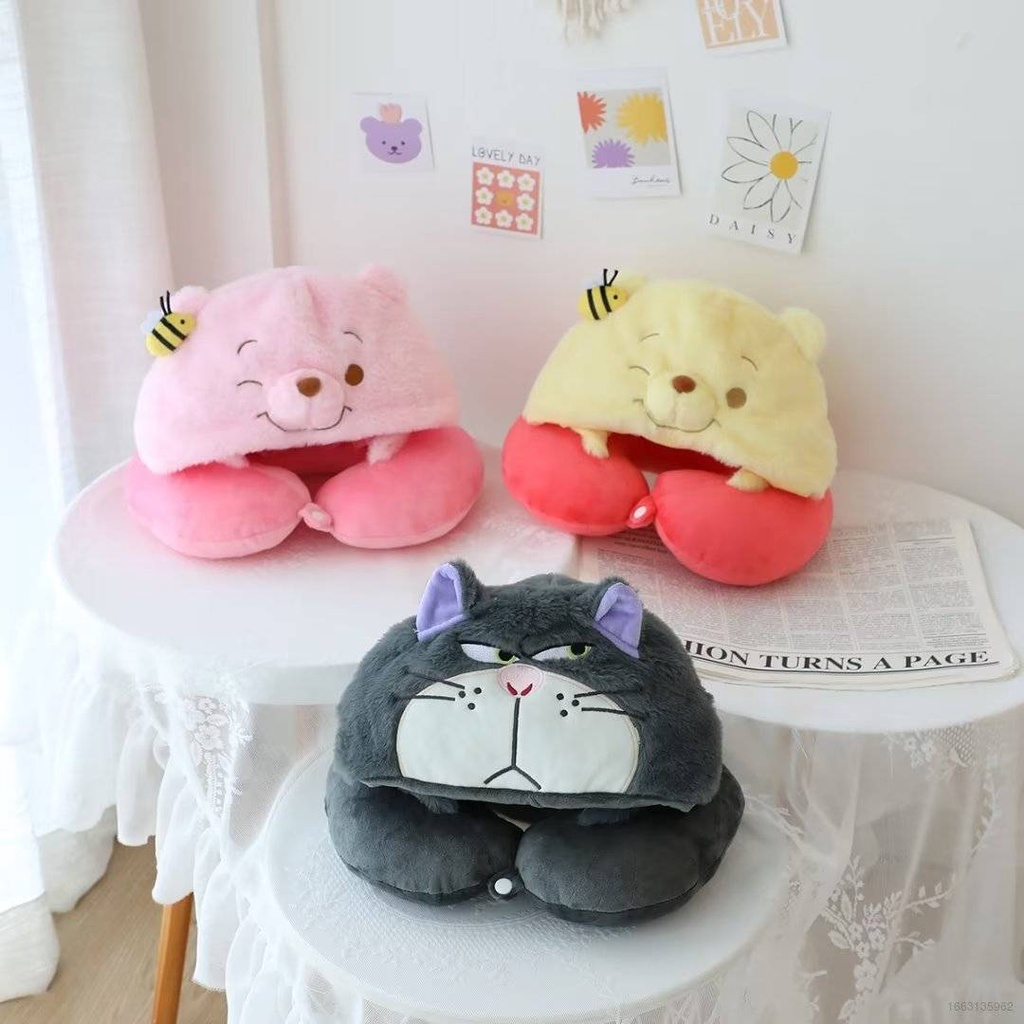 Gối Kê Cổ Chữ U Có Nón Trùm Đầu Hình Nhân Vật Hoạt Hình Disney Lucifer Cat Winnie The Pooh
