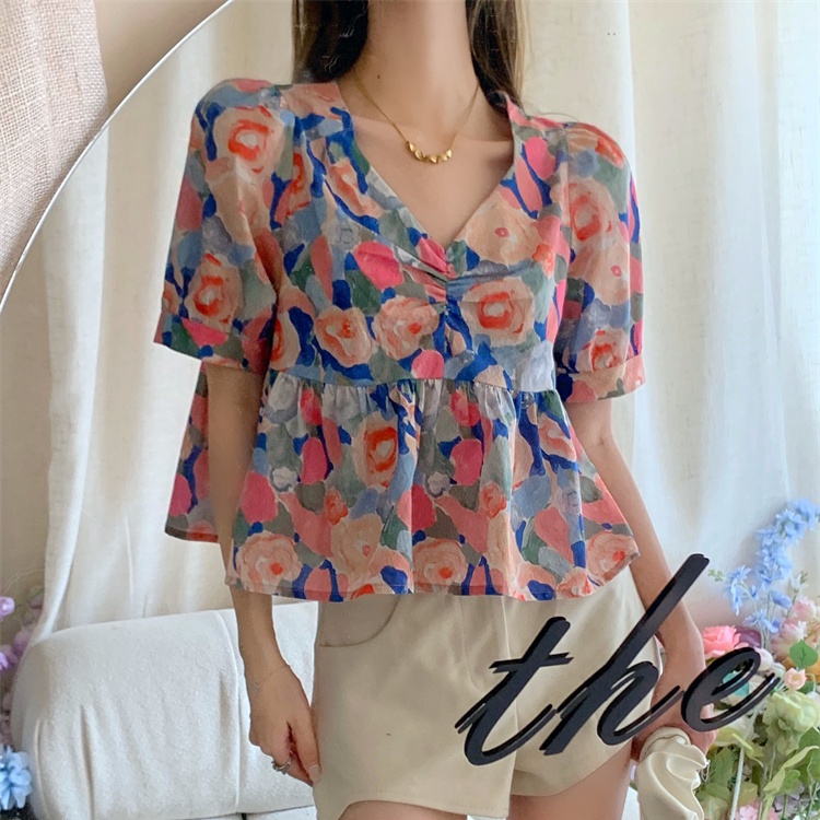 SUXI Áo Sơ Mi Tay Ngắn Cổ Chữ V Dáng Ôm In Họa Tiết Hoa Kiểu Vintage Thời Trang Mùa Hè