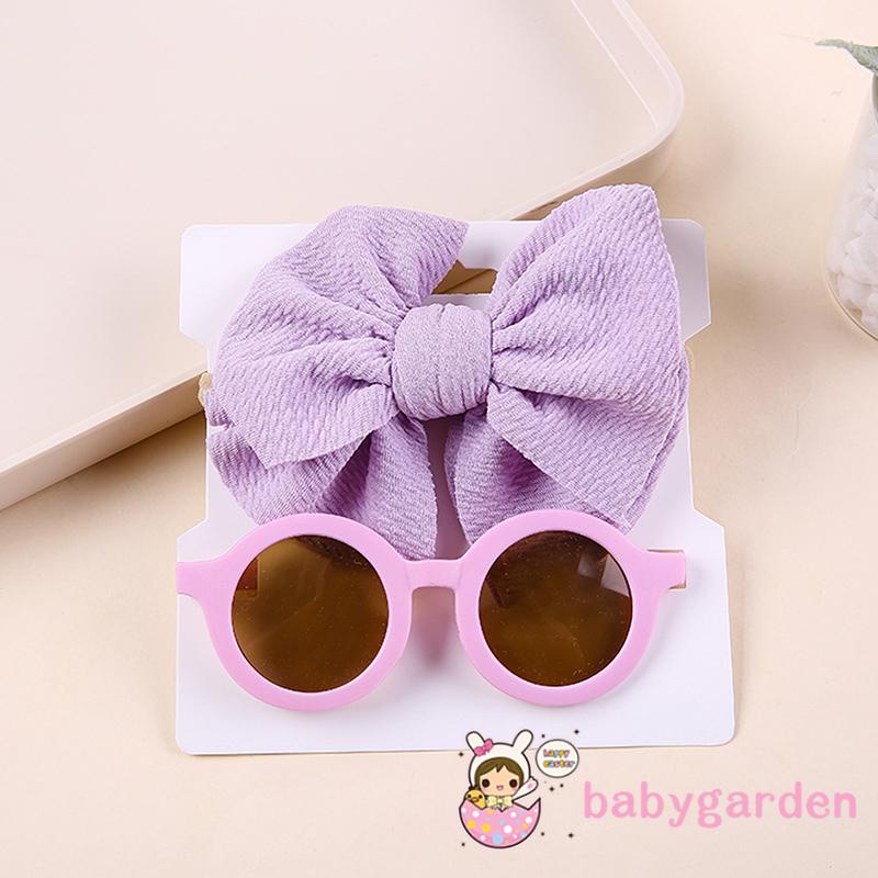 Bộ Kính Mát Tròn Chống Tia UV + Băng Đô Nơ Màu Trơn Dành Cho Bé Gái