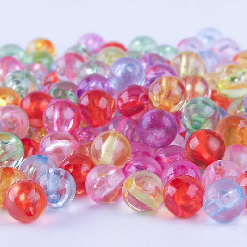 Hạt nhựa tròn acrylic trong suốt 8mm 10g 50g nhiều màu xỏ lỗ 2 đầu làm vòng trang sức