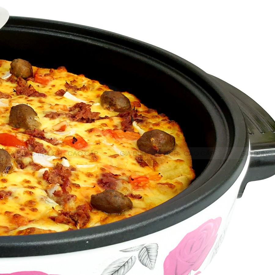 Nồi nướng điện đa năng họa tiết hoa hồng - Nướng chín thực phẩm nhanh, Làm PIZZA - công suất 1500W