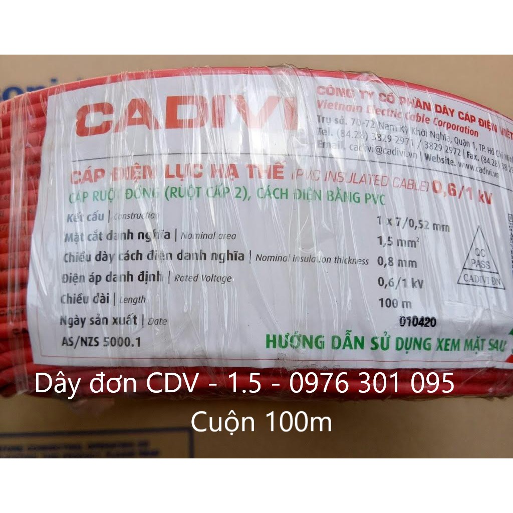 [CADIVI] Dây Điện ĐƠN CDV 1.0 / 1.5 / 2.0 / 2.5 (bán lẻ theo mét)