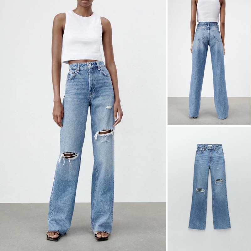 QUẦN JEANS RÁCH DÁNG WIDE LEG MÀU XANH - 6045/227