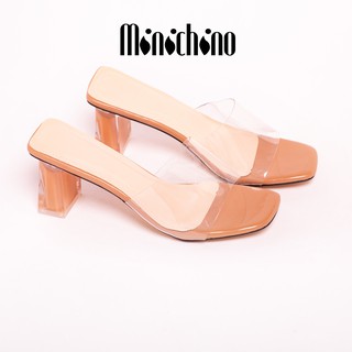 Dép cao gót nữ MINICHINO thời trang, guốc thời trang quai trong gót cao 7p màu Nâu
