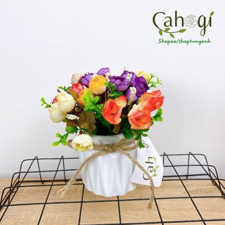 Chậu Hoa Giả Để Bàn Cắm Sẵn Chậu Hồng Bi
