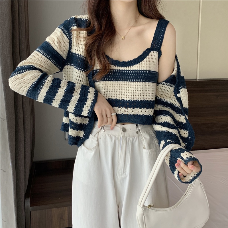 Nguyên Set áo Len Cardigan kèm 2 dây mùa thu Dệt Kim Dáng Ngắn Họa Tiết Kẻ Sọc Thời Trang Xuân Thu 2022 Phong Cách Hàn Quốc Cho Nữ