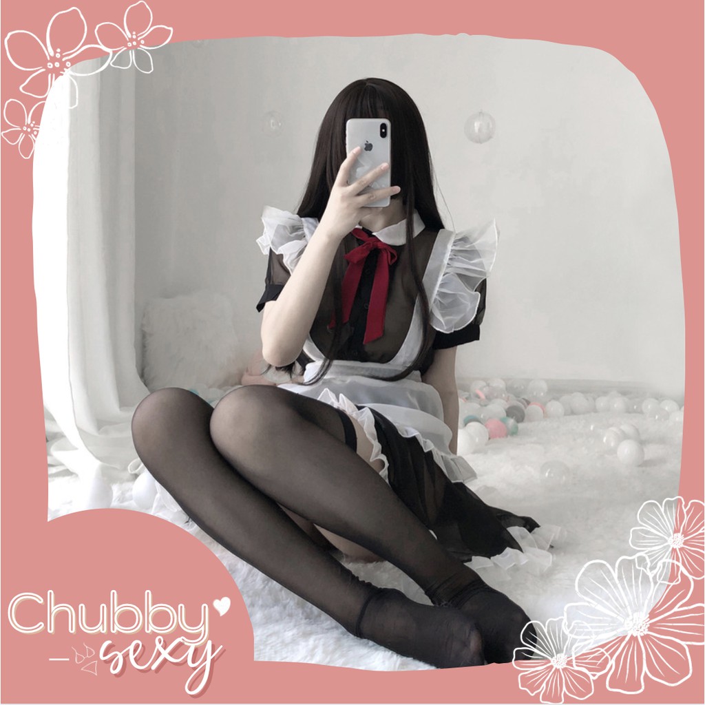 Cosplay Sexy Hầu Gái - Siêu phẩm set đồ cô hầu gái ren đen yếm trắng nơ đỏ - CPL16 - Chubby.sexy