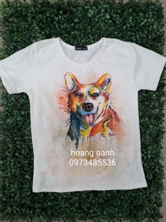 Áo trắng hình chó vẽ tay 100%