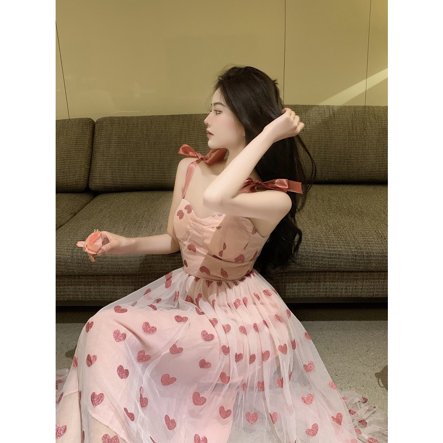 Đầm 2 dây lưới hồng trái tim cột nơ vai công chúa ulzzang