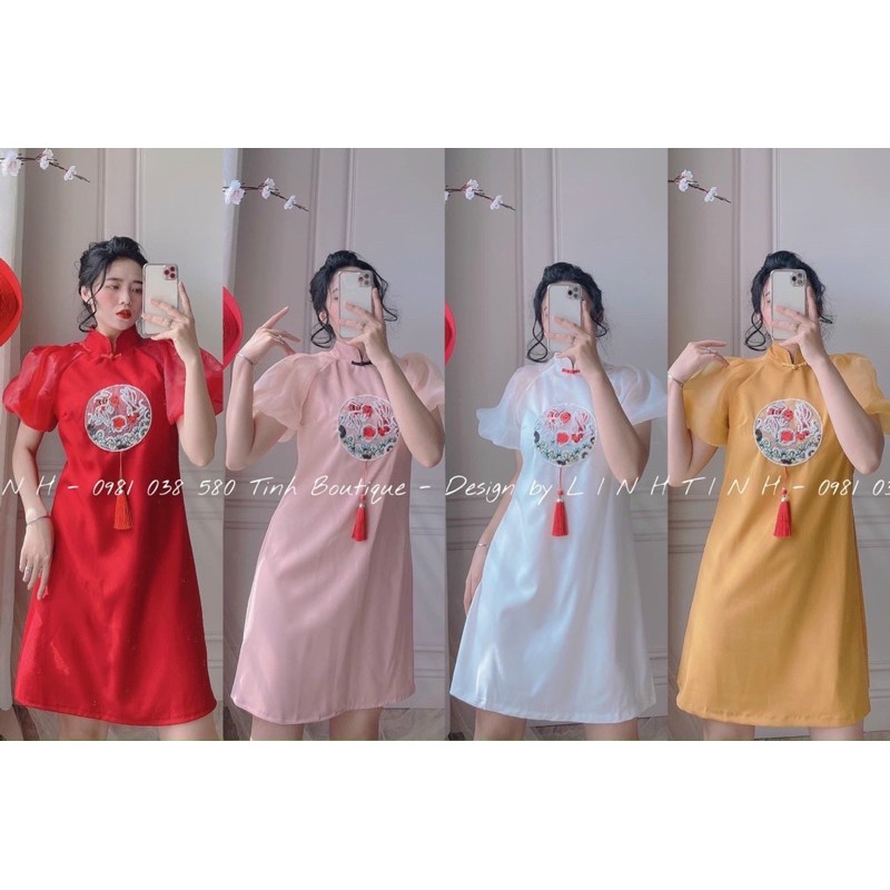 Áo dài cách tân phong cách, đầm đỏ sườn xám phối gấm hoa cao cấp | BigBuy360 - bigbuy360.vn