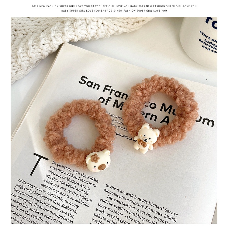 Dây cột tóc gắn họa tiết hoạt hình 3D cute trơn màu chất liệu lông bền chắc PK743