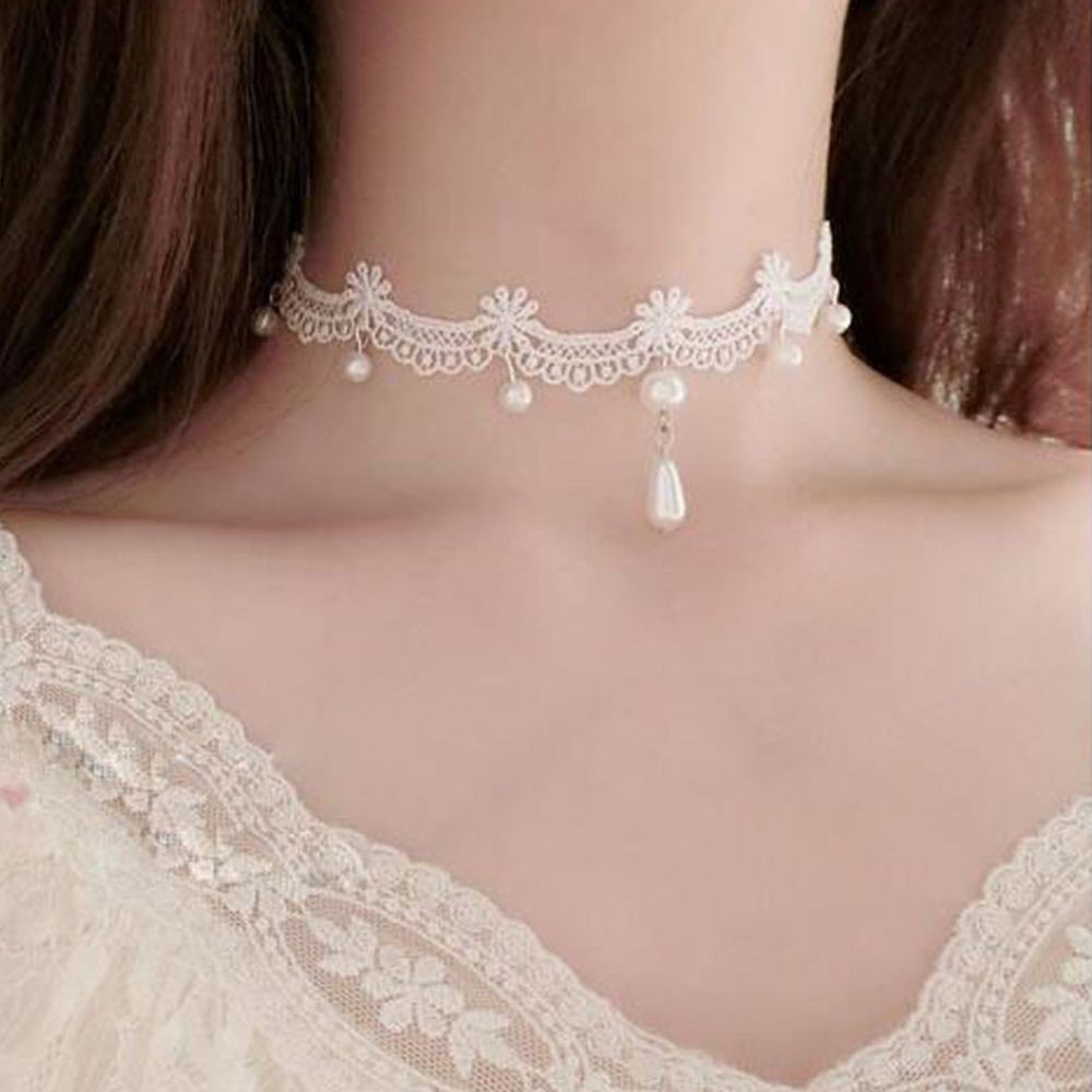 Vòng Cổ Choker Ren Đính Hạt Giả Ngọc Trai Trắng Phong Cách Gothic