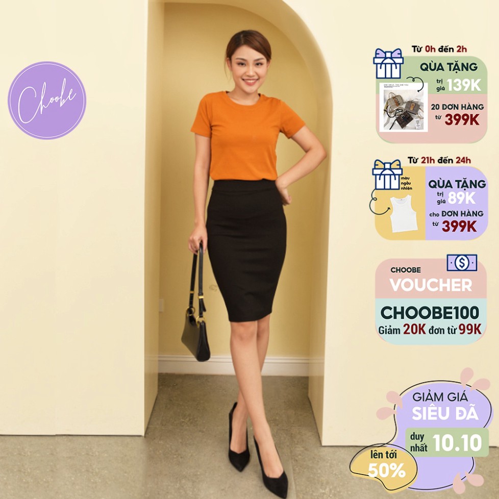 Chân váy Choobe bút chì lưng thun cao đồ công sở vải co giãn ôm body xẻ sau dáng dài màu đen V01