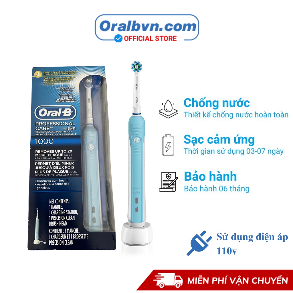 Bàn chải điện đánh răng tự động Oral B Pro 1000 xanh dương làm sạch răng, hạn chế viêm nướu kèm hộp và nắp đậy du lịch