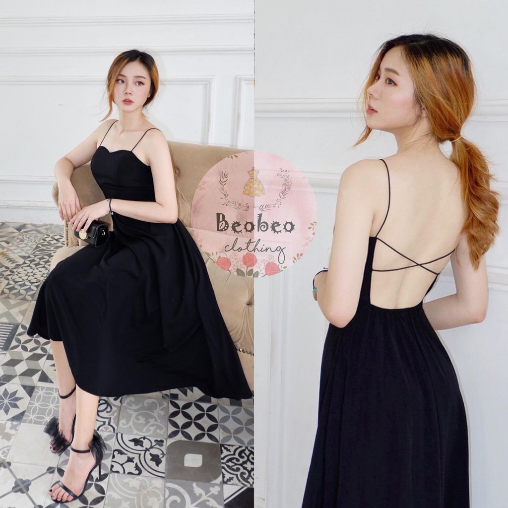 [Ảnh thật] Đầm maxi đen 2 dây đan dây lưng vintage