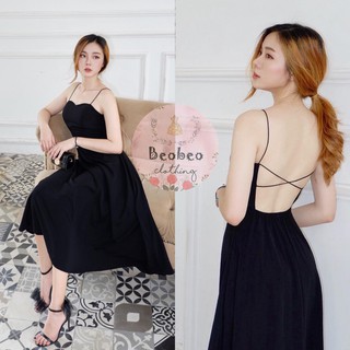 [Ảnh thật] Đầm maxi đen 2 dây đan dây lưng vintage