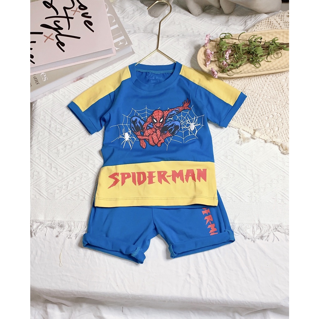 Bộ ngắn tay cotton 4 chiều cho bé trai siêu nhân nhện size từ 9-35kg