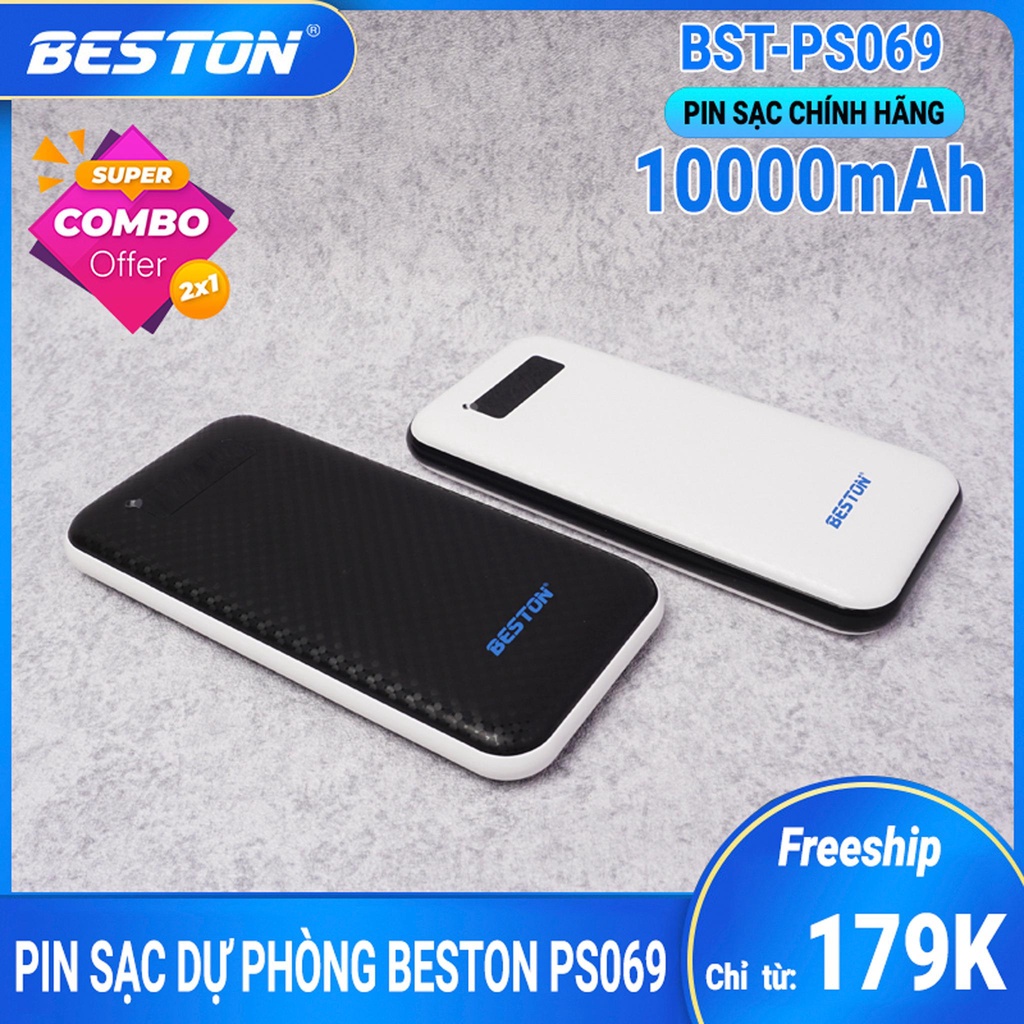 Pin sạc dự phòng BESTON PS069 dung lượng 10.000mAh, có màn hình led hiển thị phần trăm pin, thiết kế nhỏ gọn