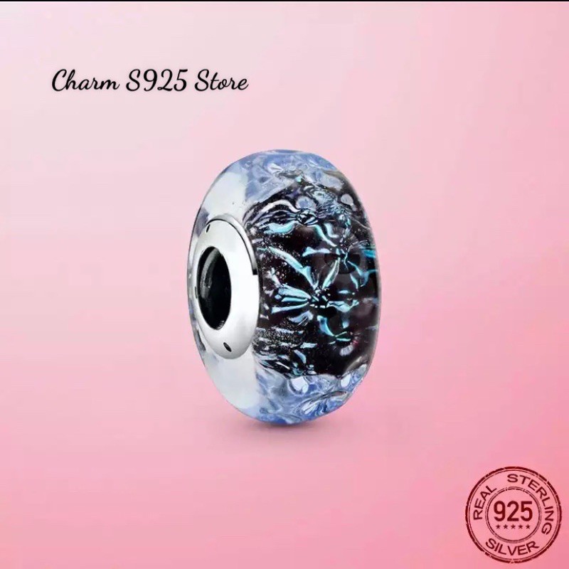 charm pan thuỷ tinh hoa biển xanh bạc s925 cao cấp