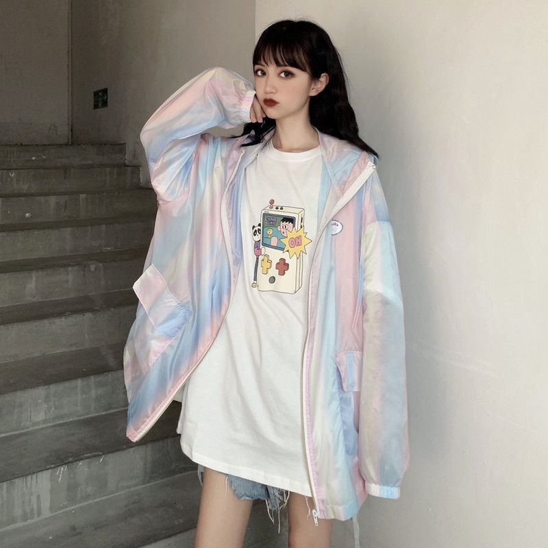 Áo Khoác Hoodie Chống Nắng Dáng Rộng Có Khóa Kéo Màu Sắc Cầu Vồng Phong Cách Hàn Quốc Cho Nữ