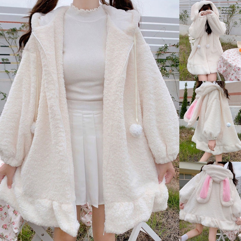 Áo Khoác Lông Giả Có Nón Trùm Tai Thỏ Ấm Áp Dễ Thương Phong Cách Harajuku Cho Nữ