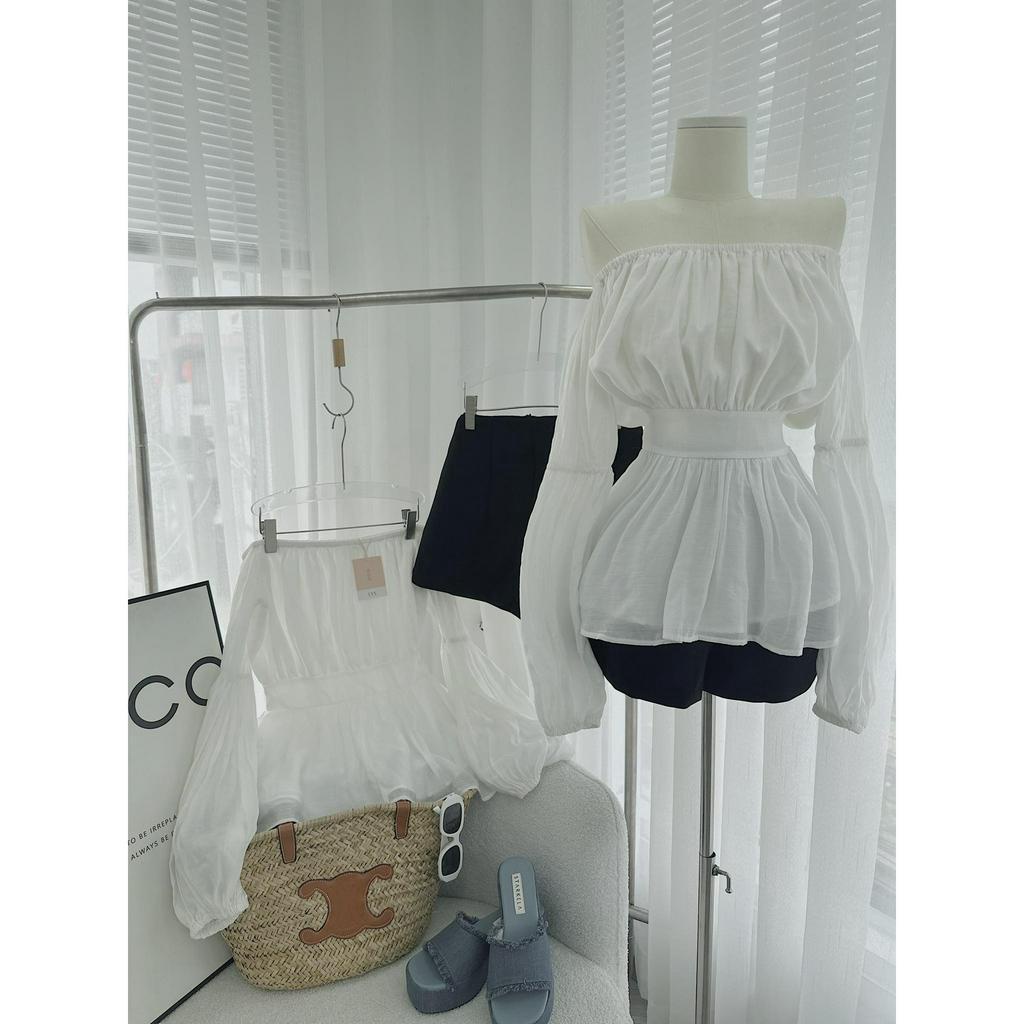 SET ÁO VOAN TRẮNG TRỄ VAI  BO EO BẢN + SHORT ĐEN