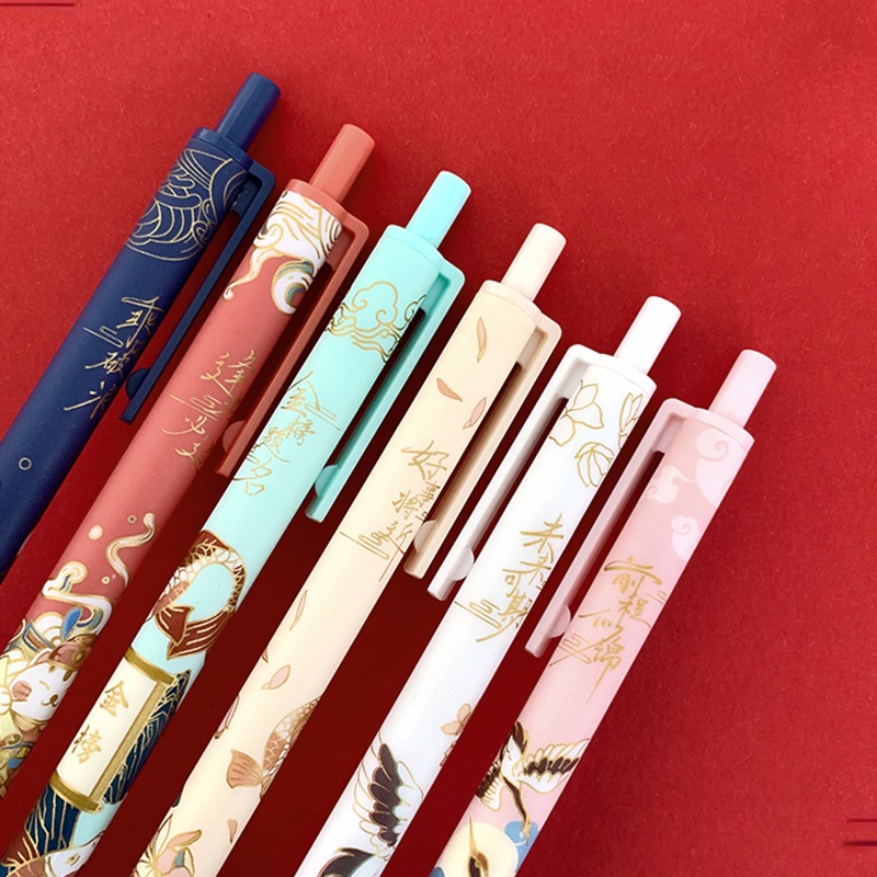 Set 6 Bút Bi Mực Đen Ngòi 0.5mm Có Thể Thu Gọn Phong Cách Trung Hoa