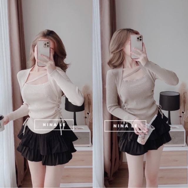 Áo len tăm cổ vuông dây chéo rút dây 2 bên, Áo kiểu dài tay dáng ôm AL1830 - NhiNhi Shop