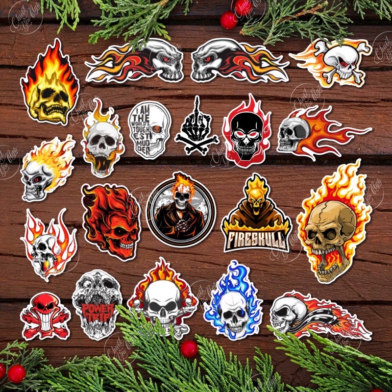 Bộ 20 sticker chủ đề Đầu Lâu lửa chất lượng cao dán xe, laptop, vali, điện thoại, đàn guita  NT 26