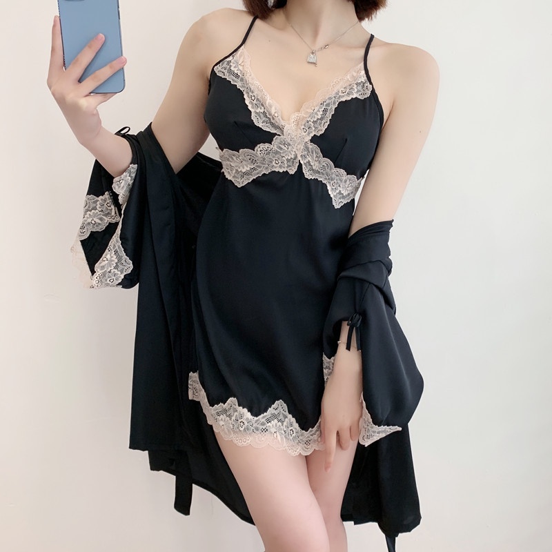 Đầm Ngủ Lụa Phối Ren Có Miếng Đệm Ngực Thiết Kế Quyến Rũ Cho Nữ