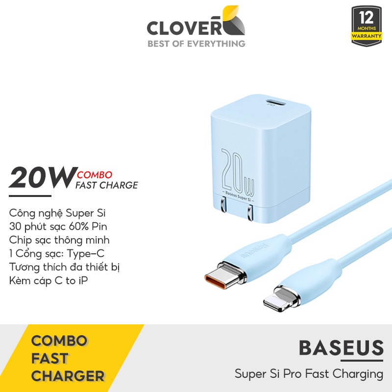 Bộ Sạc Nhanh BASEUS Super Si Pro 20W Kèm Dây Sạc Nhanh Kích Thước Nhỏ Gọn Chân Gập Không Nóng Cho iP 11 12 13 Pro Max