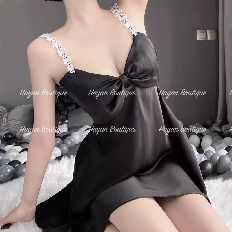 HT60 Váy ngủ sexy hai dây ren hoa dáng xoè tặng CHÍP, đầm ngủ lụa ngực xoắn nơ gợi cảm HT60