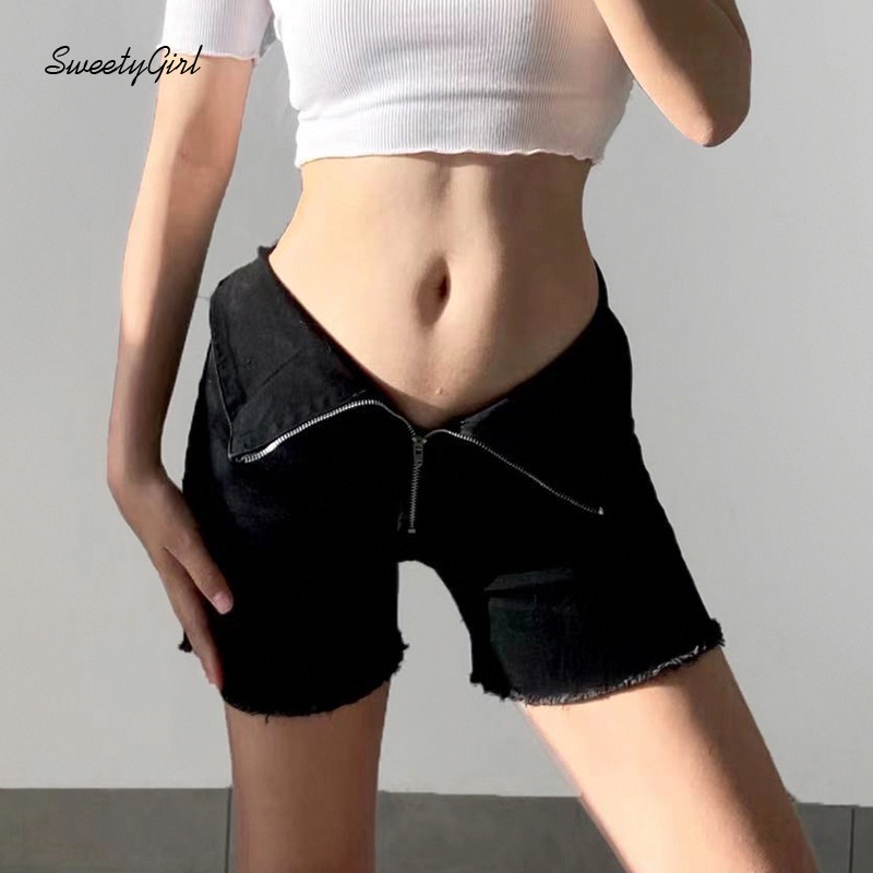 Quần Short Denim Lưng Thấp Màu Trơn Phối Khóa Kéo Thời Trang Cho Nữ 2022